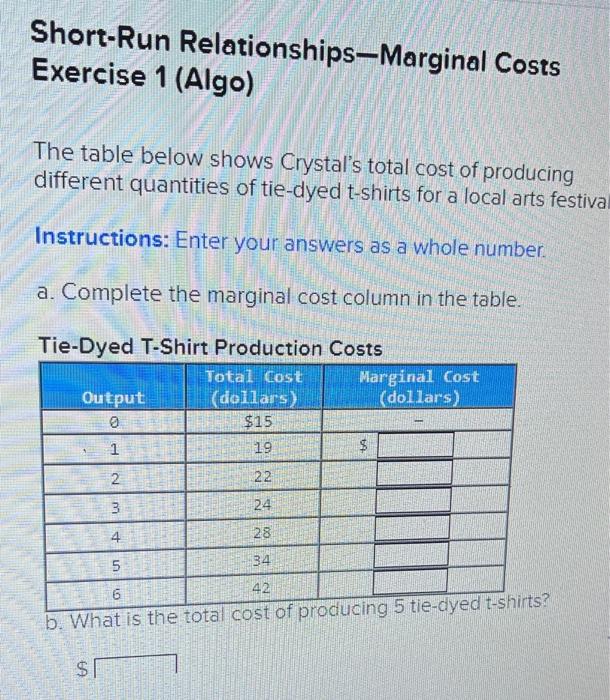 Solved ShortRun RelationshipsMarginal Costs Exercise 1