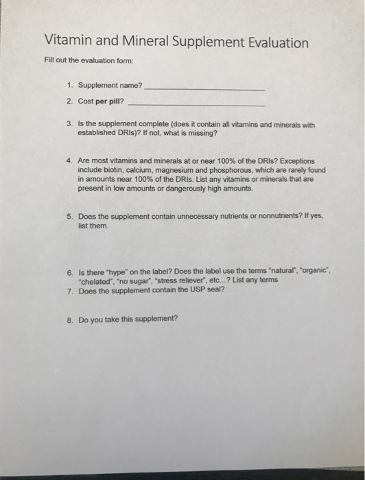 Solved Vitamin And Mineral Supplement Evaluation Fill Out