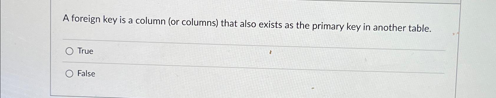 Solved A foreign key is a column (or columns) ﻿that also | Chegg.com