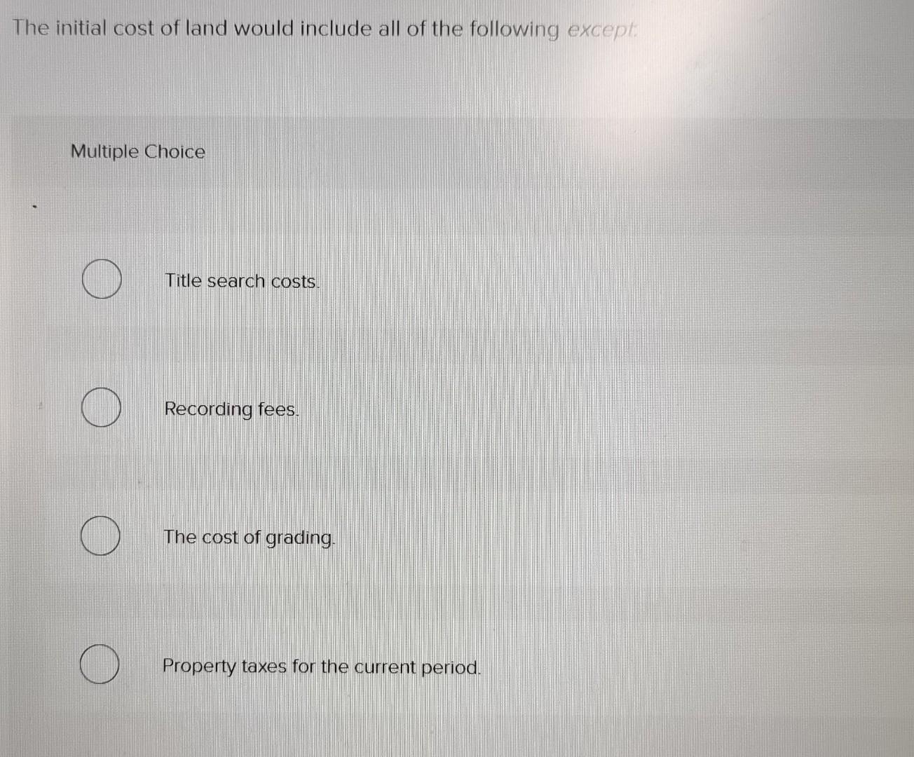 Solved The Initial Cost Of Land Would Include All Of The | Chegg.com