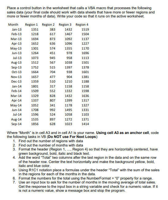 Solved Place a control button in the worksheet that calls a | Chegg.com