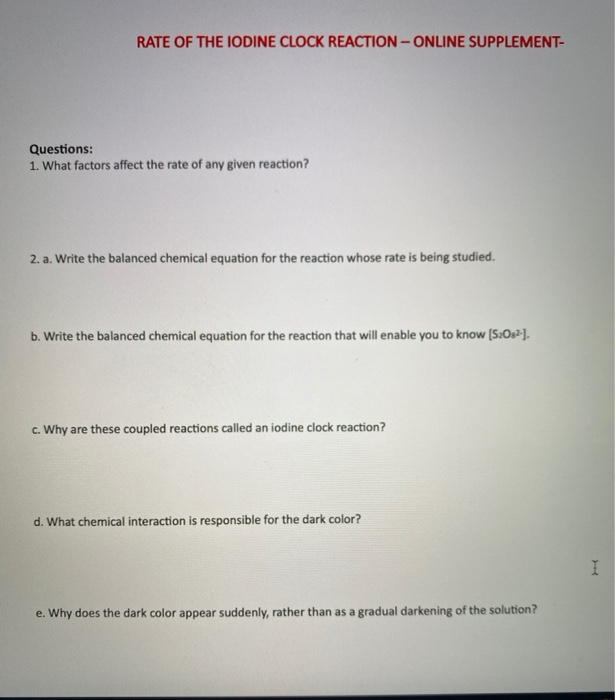 Solved RATE OF THE IODINE CLOCK REACTION ONLINE