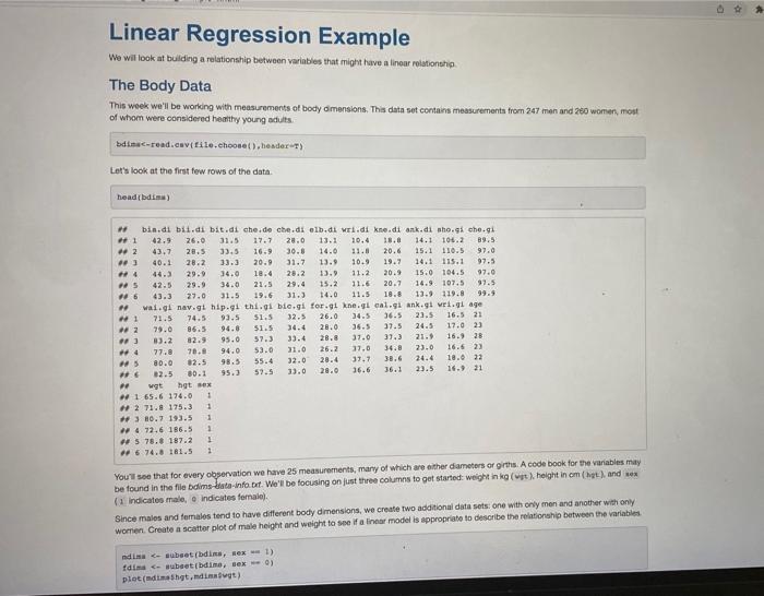 Solved Linear Regression Example We wil look at building a | Chegg.com