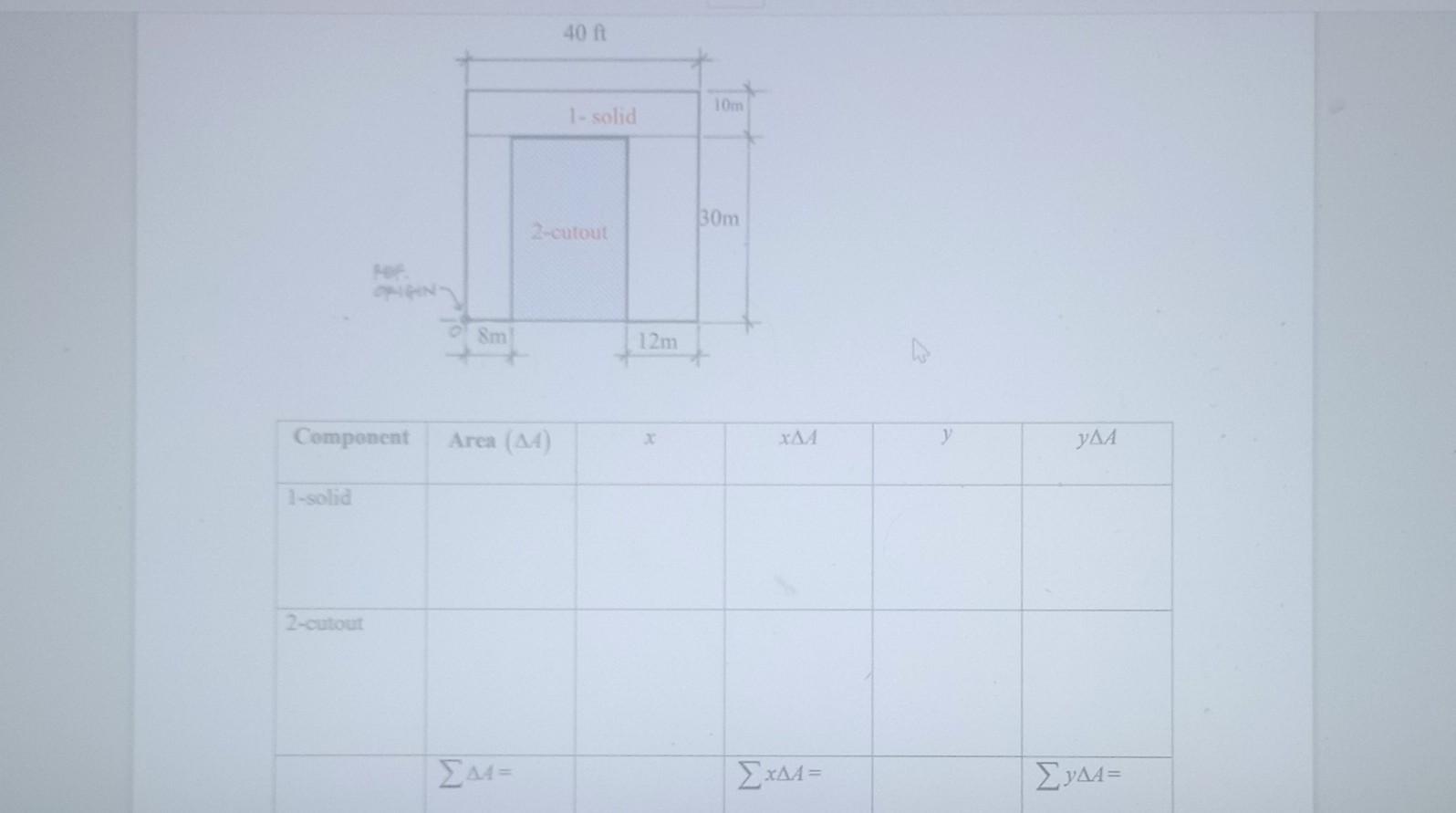 Solid Component Calculation Component 1-solid 2-cutout 8m Area (Δ4) ΣΔΑ - 40 Α 1- | Chegg.com