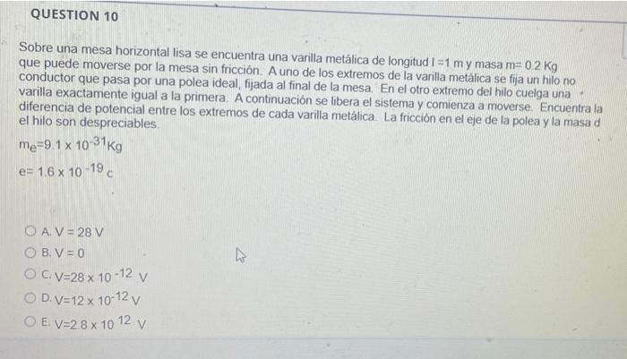 QUESTION 10 Sobre una mesa horizontal lisa se encuentra una varilla metálica de longitud I=1 my masa m-02 Kg que puede movers