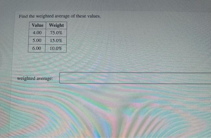 Solved Find the weighted average of these values. Value | Chegg.com