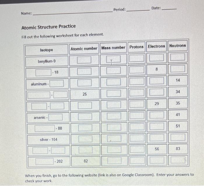 Solved Atomic Structure Practice Fill out the following | Chegg.com