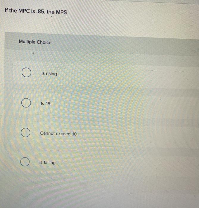 Solved If the MPC is.85, the MPS Multiple Choice O O Is | Chegg.com