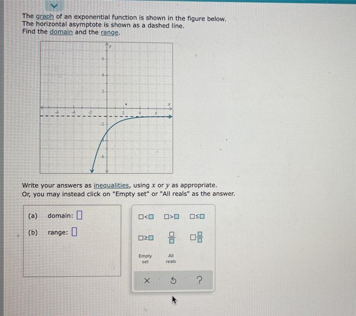 The graph of an exponential function is shown in the figure below.
The horizontal asymptote is shown as a dashed line.
Find t