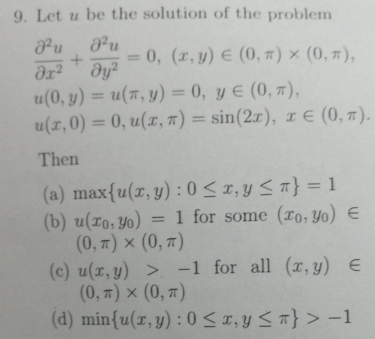 9. Let \( u \) be the solution of the problem \[ \begin{array}{l} \frac{\partial^{2} u}{\partial x^{2}}+\frac{\partial^{2} u}