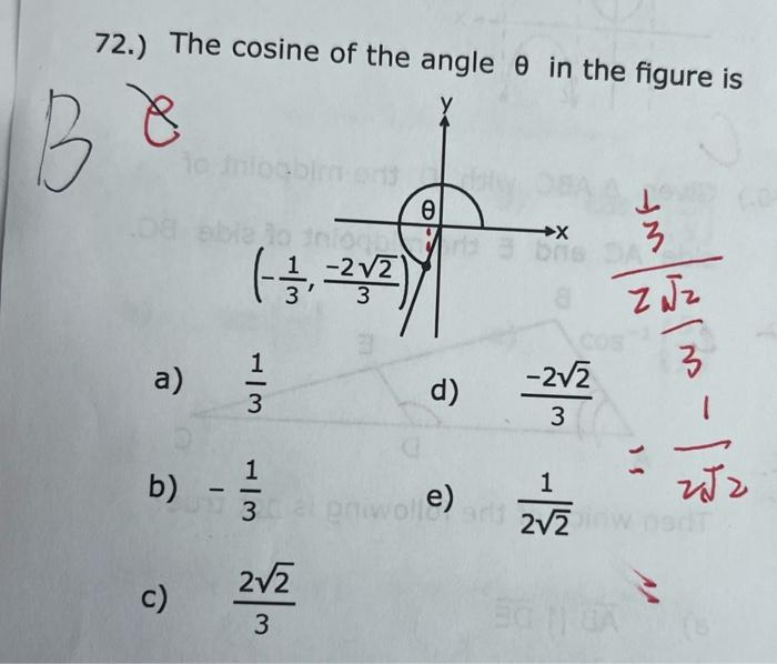 Solved 72.) The cosine of the angle θ in the figure is a) 31 | Chegg.com