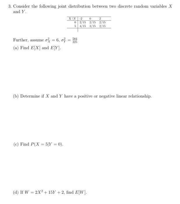 Solved 3. Consider the following joint distribution between | Chegg.com