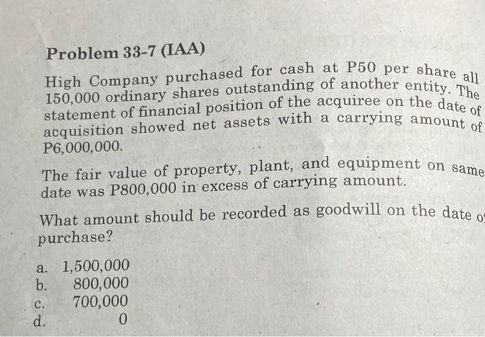 Solved Problem 33-7 (IAA) High Company purchased for cash at | Chegg.com