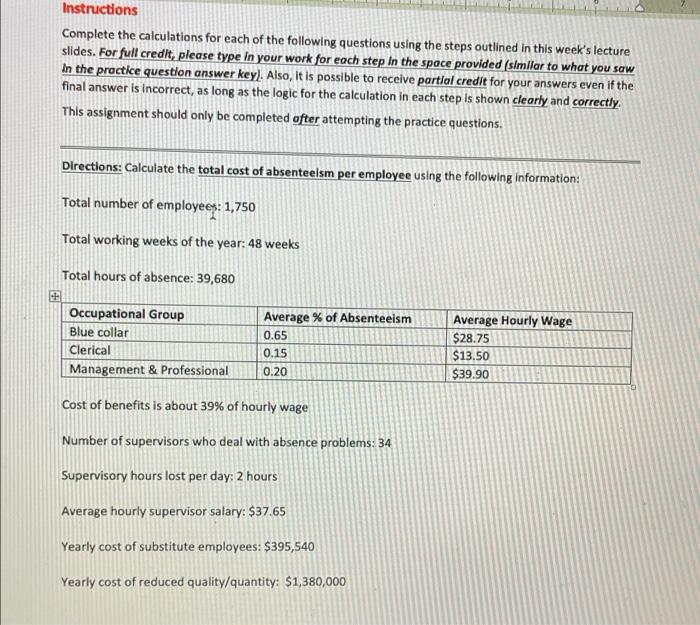 Solved Instructions Complete The Calculations For Each Of | Chegg.com