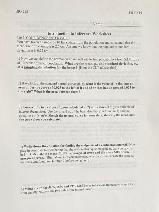 Solved BIO 215 LR FA19 Name: Introduction to Inference | Chegg.com