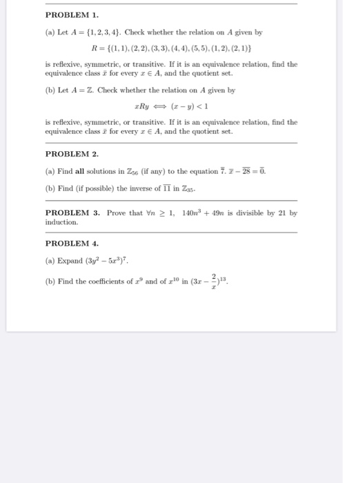 Solved PROBLEM 1. (a) Let A = {1,2,3,4}. Check Whether The | Chegg.com