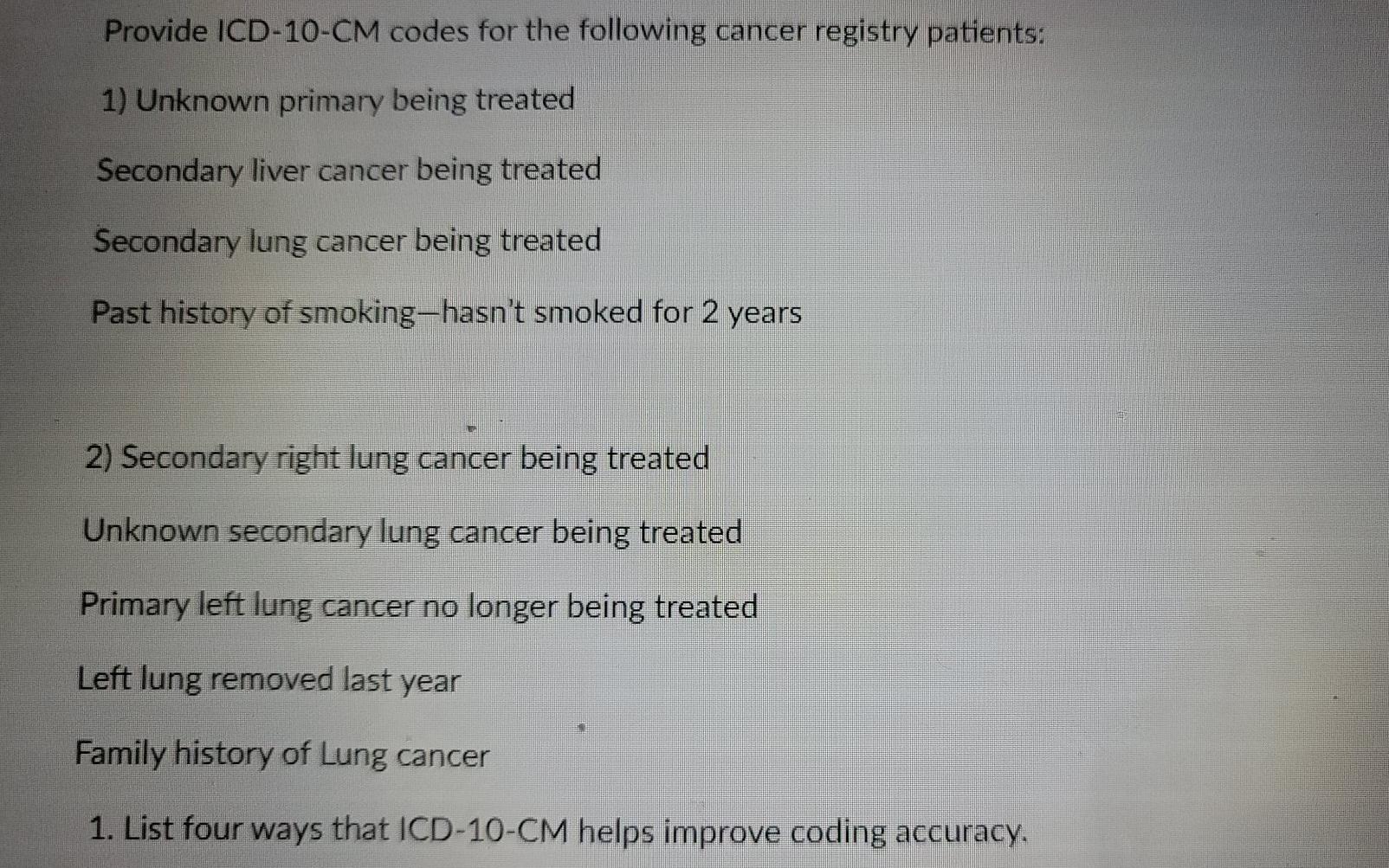 Solved Provide ICD-10-CM codes for the following cancer 