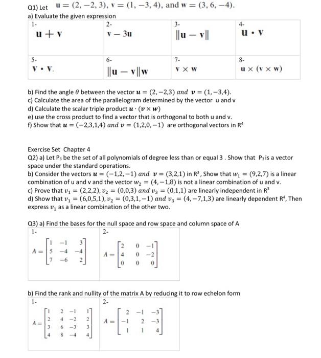 Solved (1) Let u = (2,-2, 3), v = (1, -3, 4), and w = (3, | Chegg.com