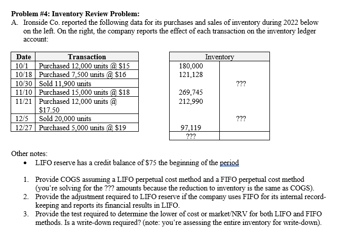 Fifo Problems Solved Problem #4: Inventory Review Problem:A. Ironside Co. | Chegg.com