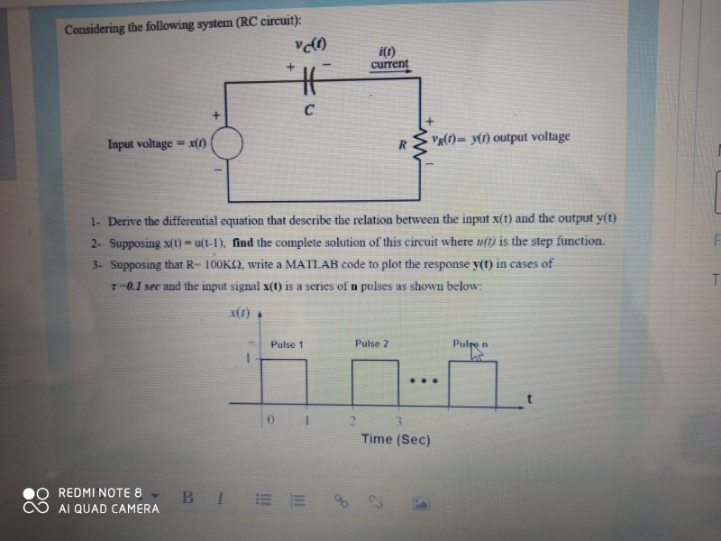 Solved Considering The Following System Rc Circuit Vc Chegg Com