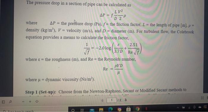 Solved P The pressure drop in a section of pipe can be | Chegg.com
