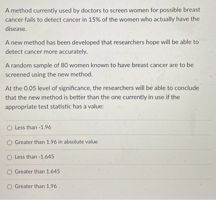 Solved A method currently used by doctors to screen women | Chegg.com