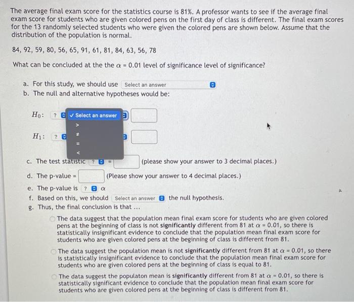 Solved The average final exam score for the statistics | Chegg.com