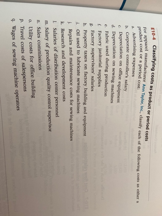 Solved E102 Classifying costs as materials, labor, or