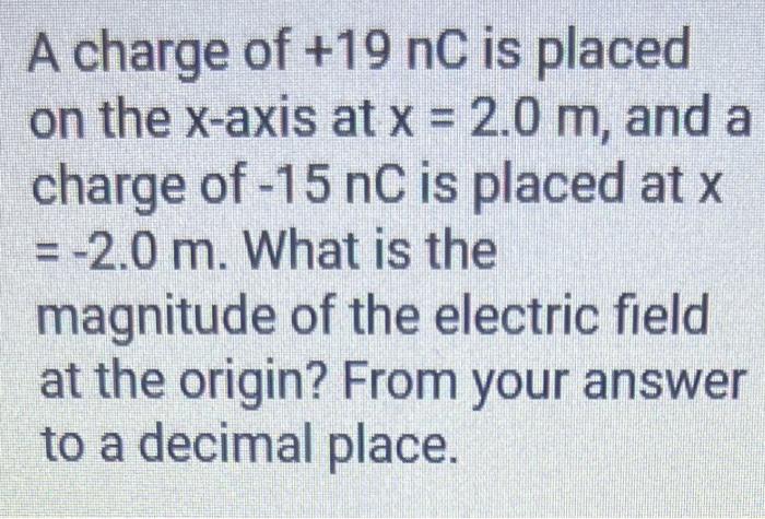 A charge of \( +19 \mathrm{nC} \) is placed on the \( x \)-axis at \( x=2.0 \mathrm{~m} \), and a charge of \( -15 \mathrm{nC