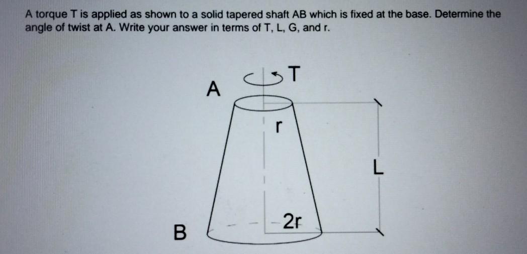 Solved A torque T is applied as shown to a solid tapered | Chegg.com