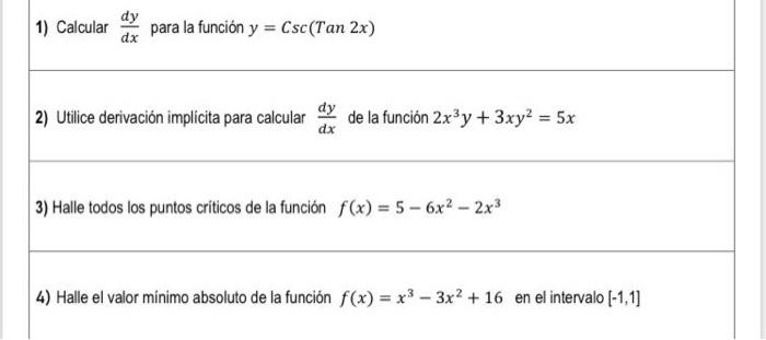 1) Calcular dy dx para la función y = Csc(Tan 2x) 2) | Chegg.com