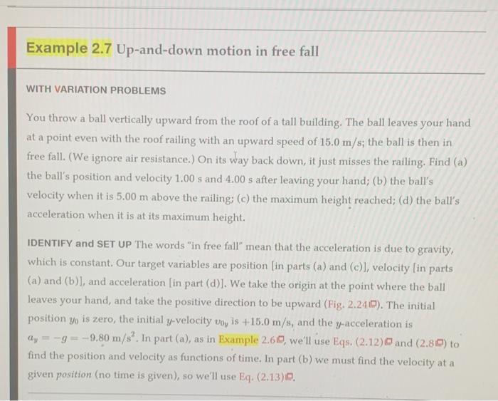 Solved Example 2.7 Up-and-down motion in free fall WITH | Chegg.com