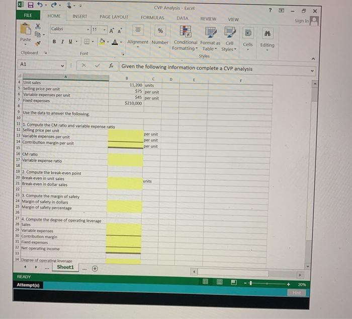 K Cvp Analysis Excel 5 X File Home Insert Page Chegg Com