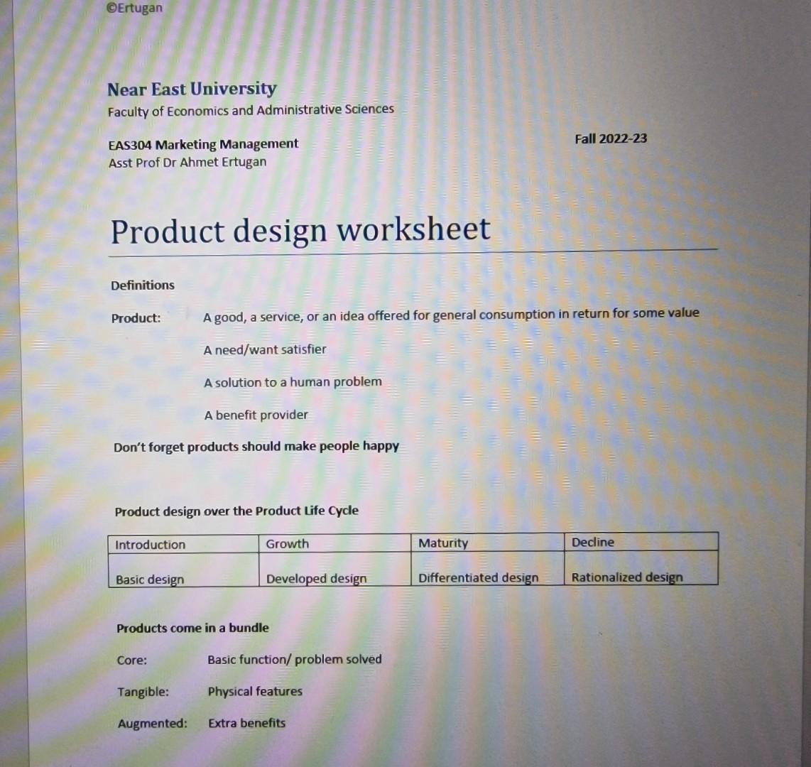 Product design over the Product life Cycle
Products come in a bundle
Core:
Basic function/ problem solved
Tangible: Physical 