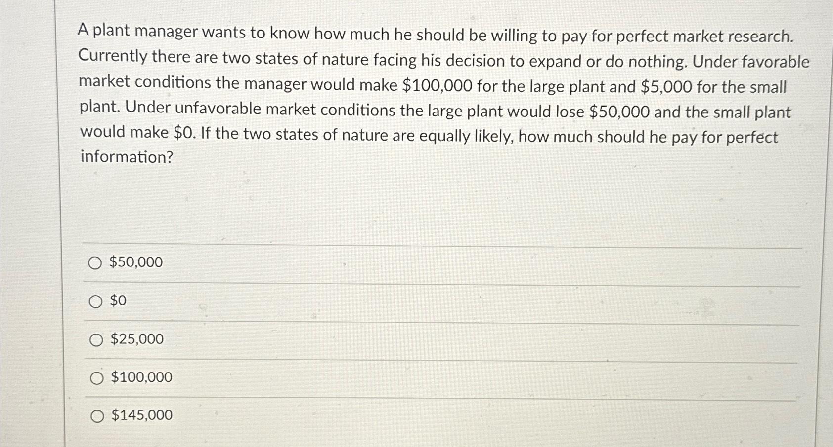 Solved A plant manager wants to know how much he should be | Chegg.com