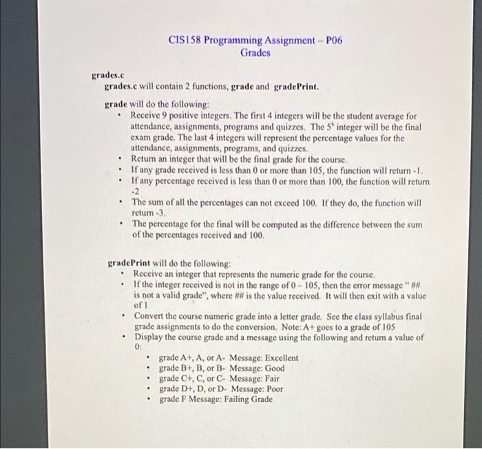 Solved CIS158 Programming Assignment - P06 Grades grades.c | Chegg.com