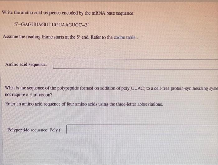 Solved Write the amino acid sequence encoded by the mRNA | Chegg.com