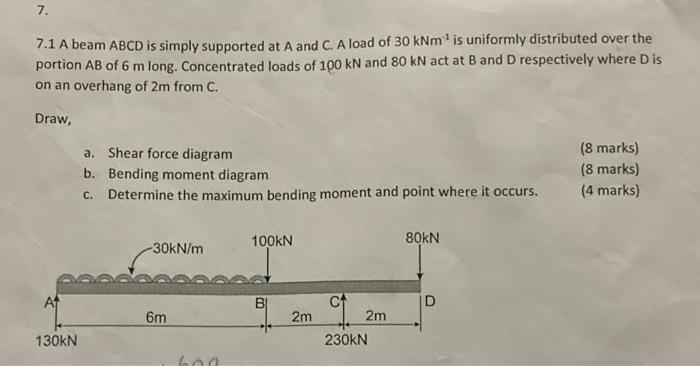 Solved 7.1 A beam ABCD is simply supported at A and C. A | Chegg.com