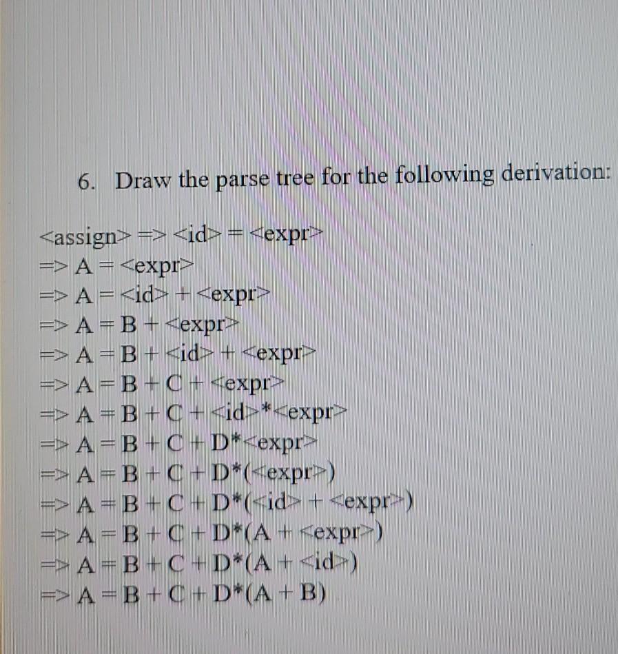 Solved 6. Draw the parse tree for the following derivation: | Chegg.com