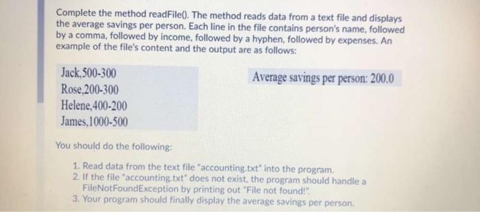 Solved Complete the method readFile(). The method reads data | Chegg.com