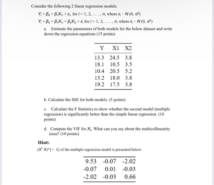 Solved Consider The Following 2 Linear Regression Models: | Chegg.com