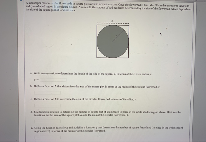 Solved A Landscaper Plants Circular Flowerbeds In Square Chegg Com