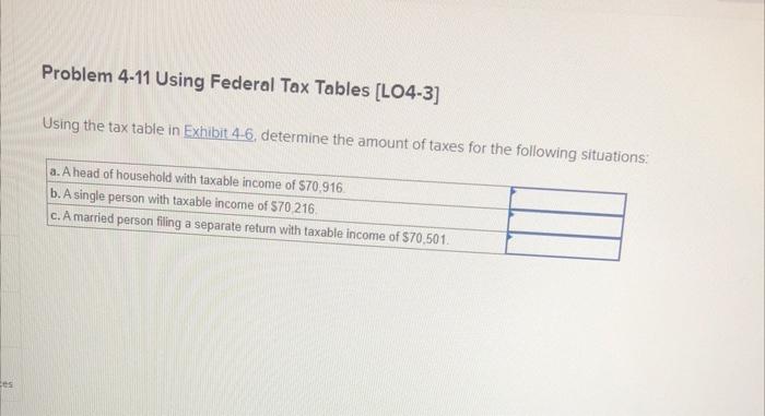 Using the tax table in Exhibit 4-6, determine the amount of taxes for the follnwinn aw....