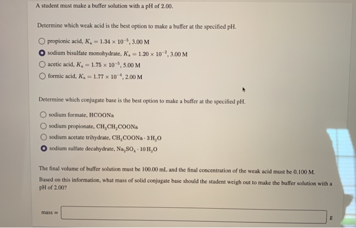 Solved A student must make a buffer solution with a pH of | Chegg.com