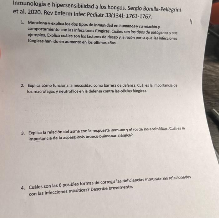 Inmunologia e hipersensibilidad a los hongos. Sergio Bonilla-Pellegrini et al. 2020. Rev Enferm Infec Pediatr 33(134): 1761-1