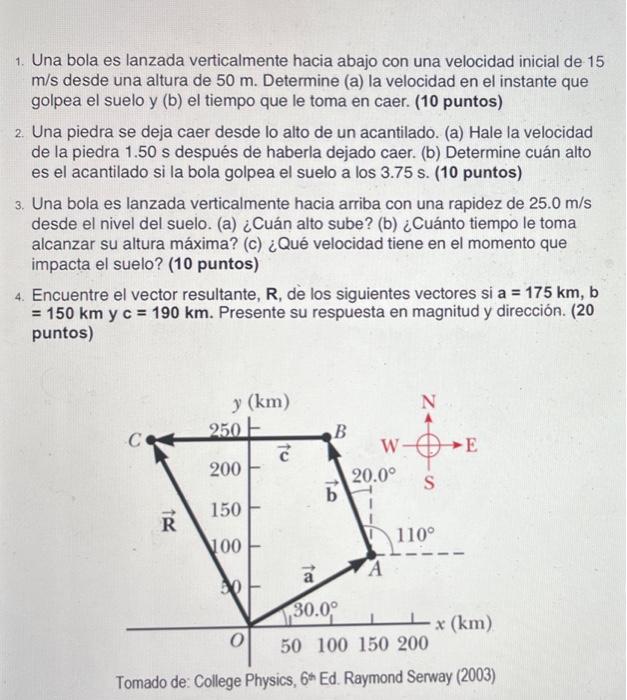 1. Una bola es lanzada verticalmente hacia abajo con una velocidad inicial de 15 m/s desde una altura de 50 m. Determine (a)