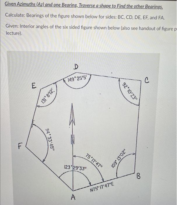 Solved Given Azimuths (Az) and one Bearing, Traverse a shape | Chegg.com