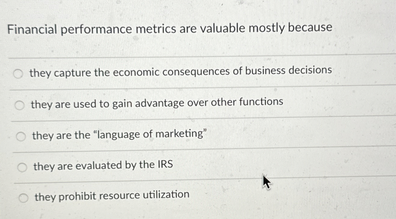 Solved Financial performance metrics are valuable mostly | Chegg.com