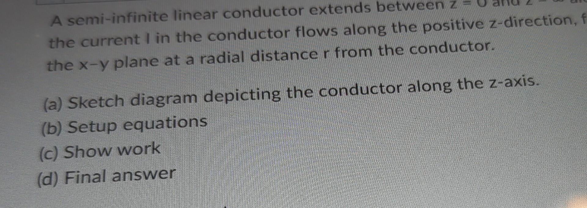 Solved A semi-infinite linear conductor extends between 2-0 | Chegg.com