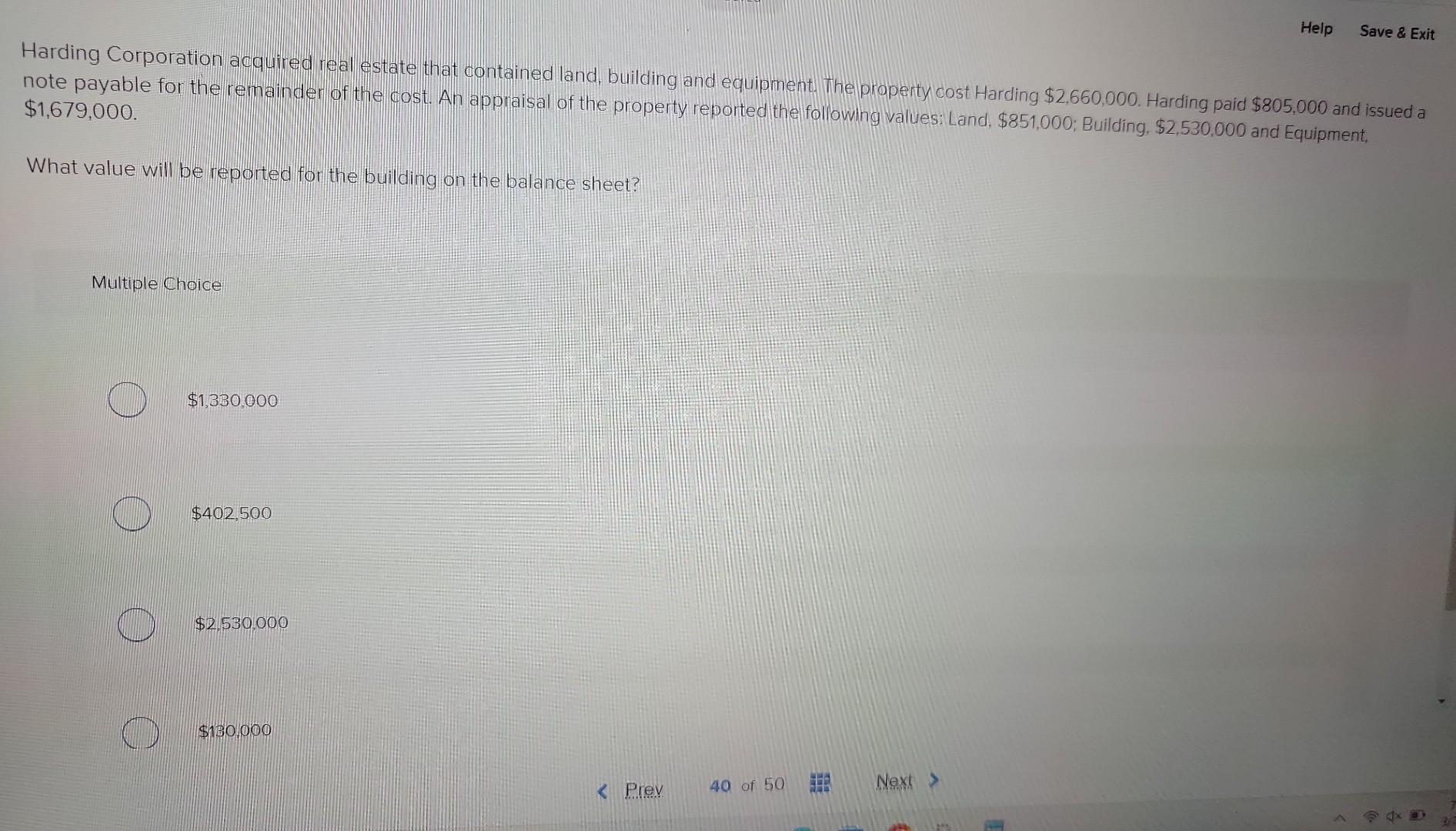 Harding Corporation acquired neal estate that contained land, building and equipment. The property cost Harding \( \$ 2,660,0